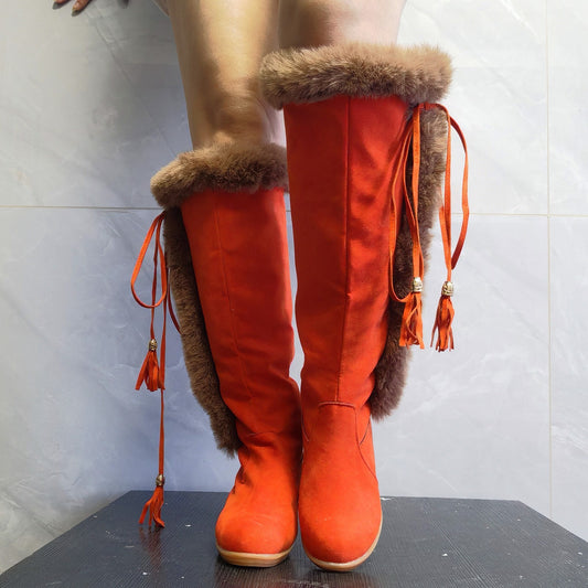 Female's Winter Plush Long Boots For Women Combat Boots Wedges Shoes