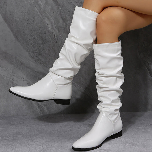 White Cowboy Boots Women Long Boots  Pointed Toe Shoes
