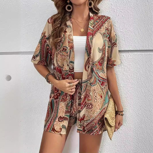 Women holiday Floral Print Elegant Two-piece Shirt Short Sleeve Top Drawstring High Waist Shorts
