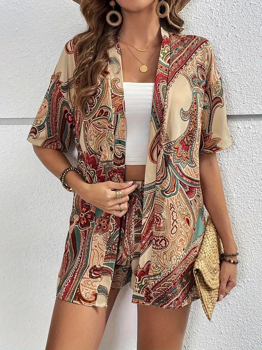Women holiday Floral Print Elegant Two-piece Shirt Short Sleeve Top Drawstring High Waist Shorts