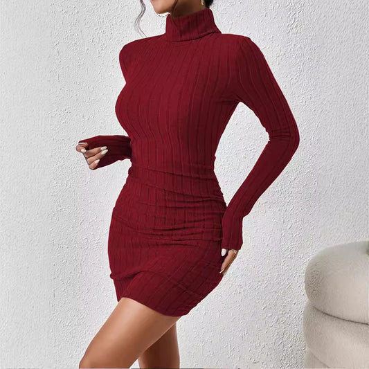 Turtleneck Slim Fit Sunken Stripe Solid Color Sheath Short Skirt Jumpsuit Knitted
