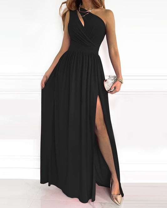 Cute Rose Print Split Dress Summer Fashion One-shoulder Long Dress Womens Clothing