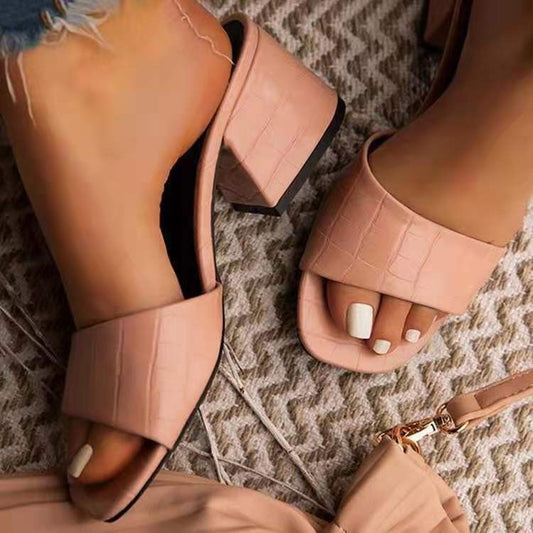 Women's Solid Color One-line High-heeled Slippers