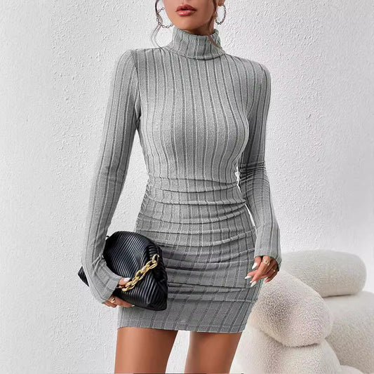 Turtleneck Slim Fit Sunken Stripe Solid Color Sheath Short Skirt Jumpsuit Knitted