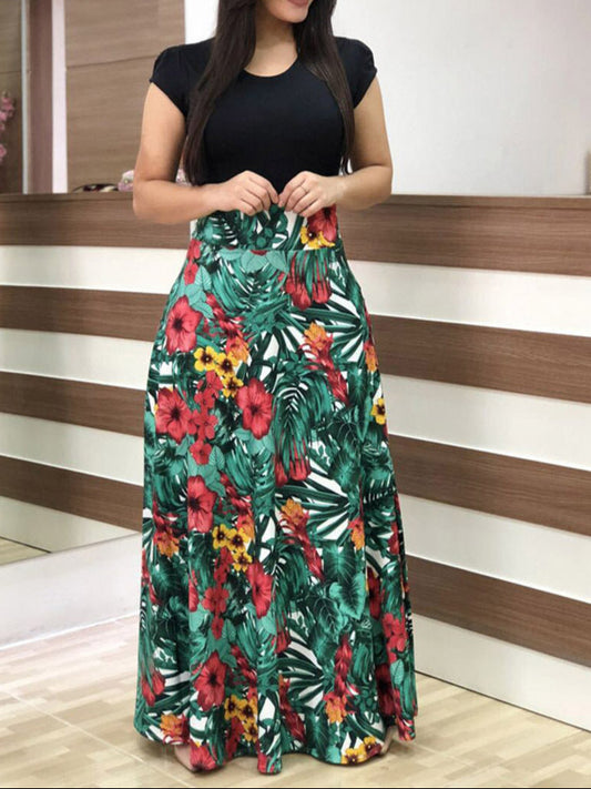 Cute flower Print Color Matching Long Sleeved Dress Women's Clothing
