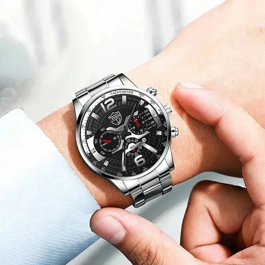 5PCS Set  Fashion Mens Calendar Watches Men Business Stainless Steel Quartz Wristwatch Male Casual Necklace Bracelet Watch