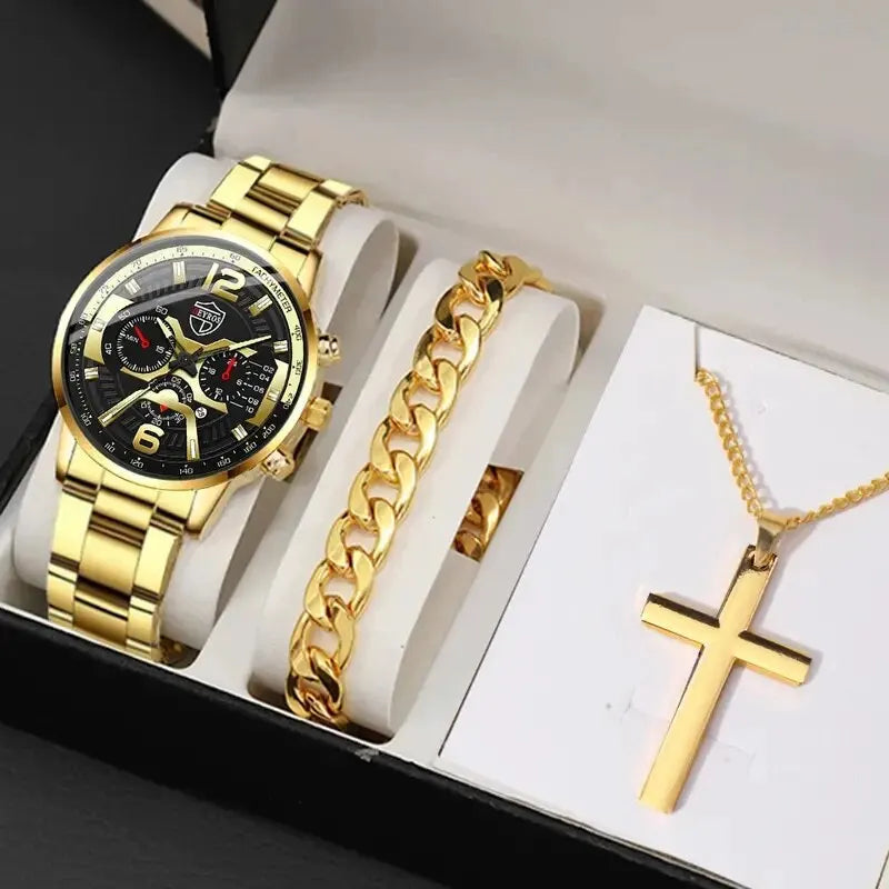 5PCS Set  Fashion Mens Calendar Watches Men Business Stainless Steel Quartz Wristwatch Male Casual Necklace Bracelet Watch