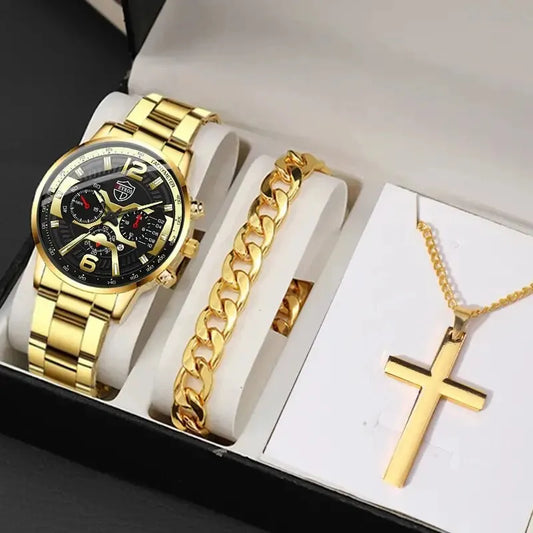 5PCS Set  Fashion Mens Calendar Watches Men Business Stainless Steel Quartz Wristwatch Male Casual Necklace Bracelet Watch
