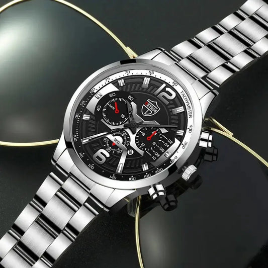 5PCS Set  Fashion Mens Calendar Watches Men Business Stainless Steel Quartz Wristwatch Male Casual Necklace Bracelet Watch