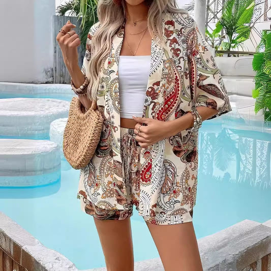 Women holiday Floral Print Elegant Two-piece Shirt Short Sleeve Top Drawstring High Waist Shorts