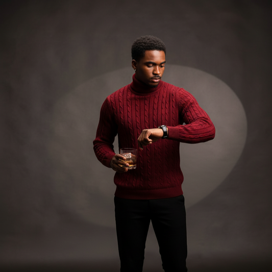 Man in a red sweater holding a glass against a dark background