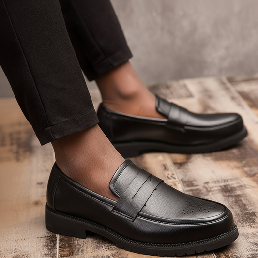 Black leather loafers worn with black pants on a wooden floor.
