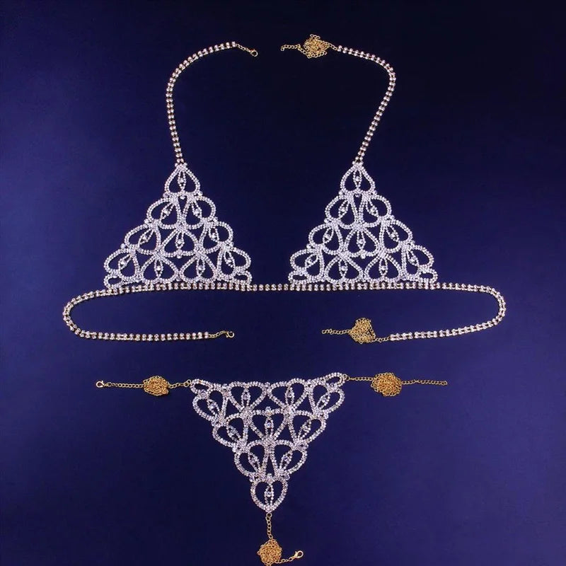 Stonefans Sexy Crystal Rhinestone Heart Body Chain Harness for Women Luxury Lingerie Bling Bikini Bra and Thong Set Jewelry
