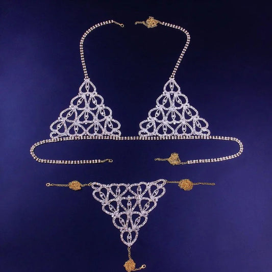 Stonefans Sexy Crystal Rhinestone Heart Body Chain Harness for Women Luxury Lingerie Bling Bikini Bra and Thong Set Jewelry