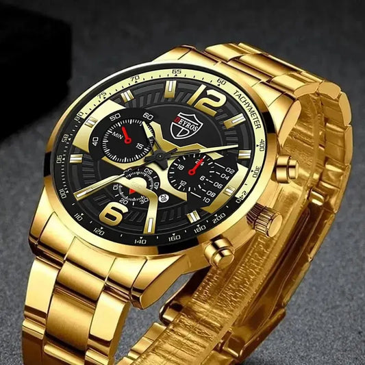 5PCS Set  Fashion Mens Calendar Watches Men Business Stainless Steel Quartz Wristwatch Male Casual Necklace Bracelet Watch