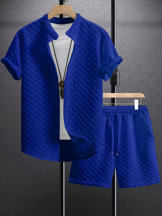 Classic Men's Jacquard Casual Short Sleeve Shirt Outfit