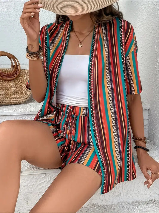 Women holiday Floral Print Elegant Two-piece Shirt Short Sleeve Top Drawstring High Waist Shorts