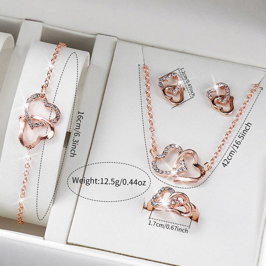 No package,6Pcs/Set Women Leather Band Quartz Watch and Lover Heart Rose Gold Color Jewelry Set