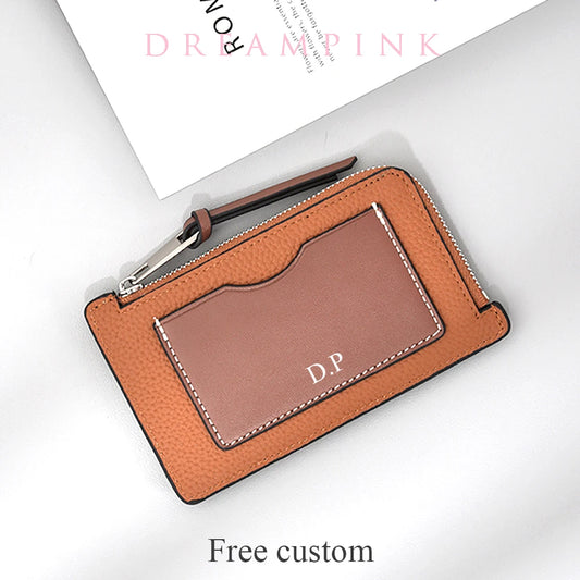  Card Holder Luxury Personalize Name Zip Credit Card Wallet Custom Gift Slim Real Leather Coin Purse