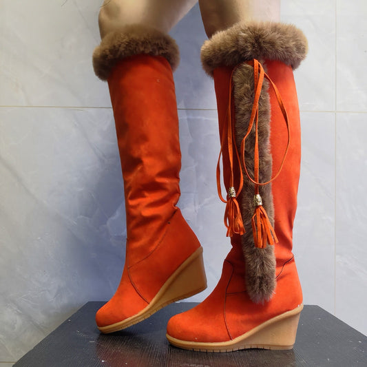 Female's Winter Plush Long Boots For Women Combat Boots Wedges Shoes