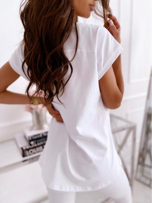 Spring And Summer Solid Color Short-sleeved V-neck Simplicity T-shirt Top For Women