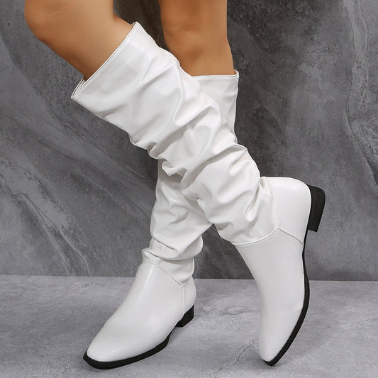 White Cowboy Boots Women Long Boots  Pointed Toe Shoes