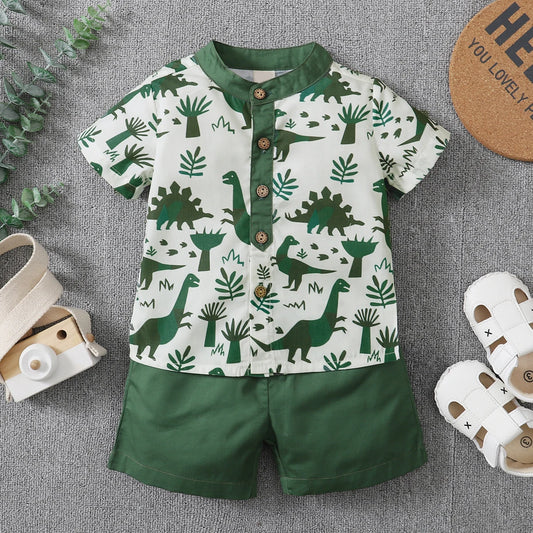 Summer 1-5Years Toddler Boy 2Pcs Outfits Short Sleeve Button down Shirt + Elastic Waist Shorts Clothes Dinosaur Set
