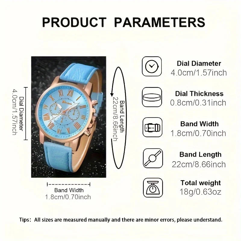 Fashion Quartz Watch and Jewelry Set, Shock Resistant Circular Analog Digital Display, PU Leather Strap, Zinc Alloy Case