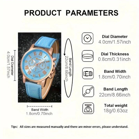 Fashion Quartz Watch and Jewelry Set, Shock Resistant Circular Analog Digital Display, PU Leather Strap, Zinc Alloy Case