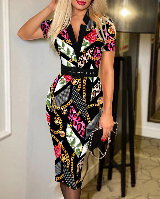 Women's New Style Printed Long-sleeved Waist Dress With Tie And Belt