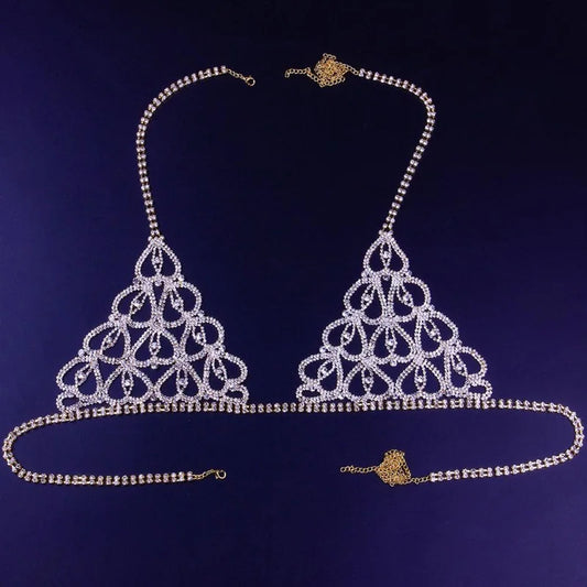 Stonefans Sexy Crystal Rhinestone Heart Body Chain Harness for Women Luxury Lingerie Bling Bikini Bra and Thong Set Jewelry