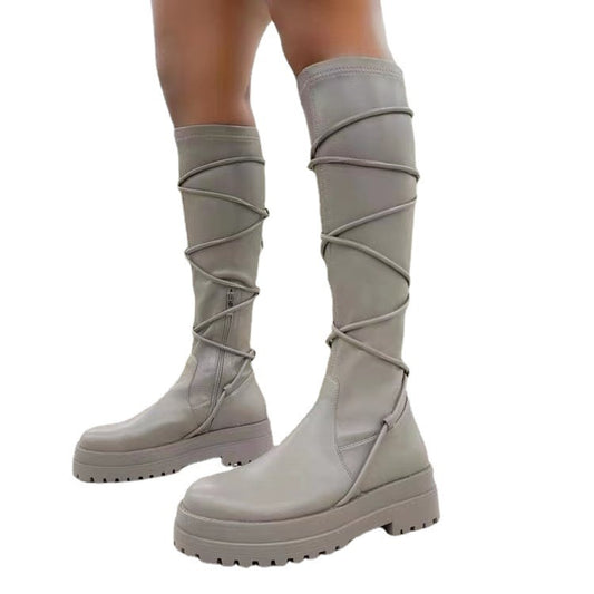 Female Lace-Up Platform Boots White Long Cowboy Boots Women