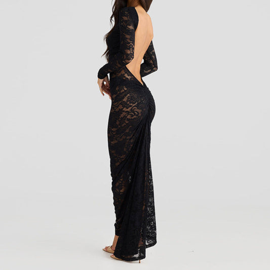 Long Sleeve Backless Lace See-through Slim-fit Dress