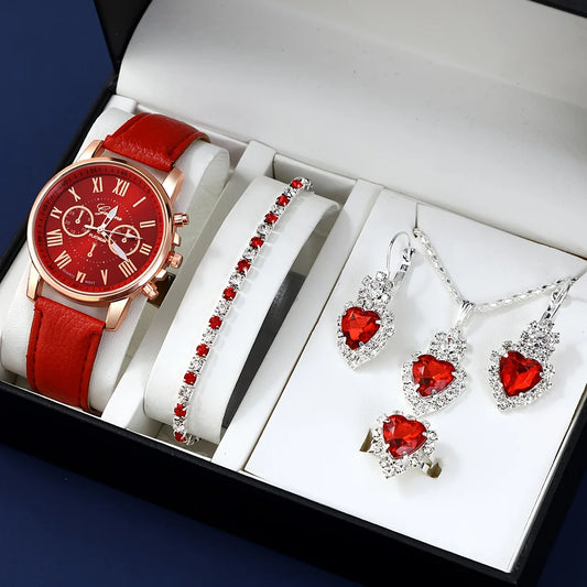 Fashion Quartz Watch and Jewelry Set, Shock Resistant Circular Analog Digital Display, PU Leather Strap, Zinc Alloy Case