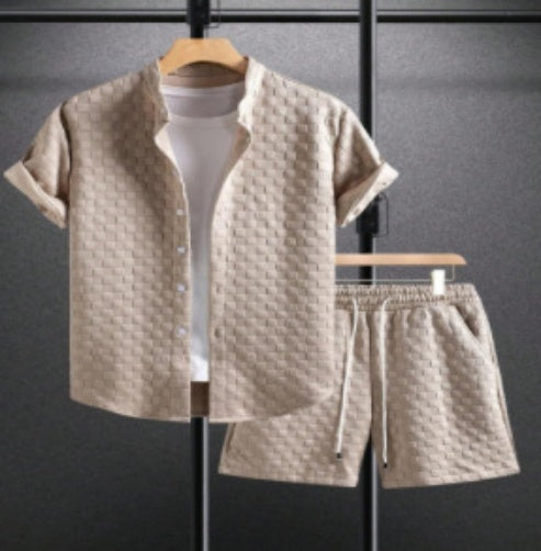 Classic Men's Jacquard Casual Short Sleeve Shirt Outfit