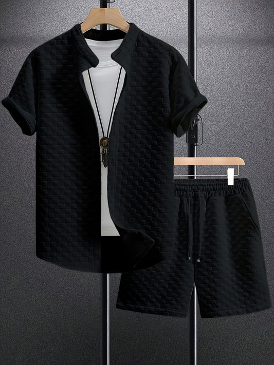 Classic Men's Jacquard Casual Short Sleeve Shirt Outfit