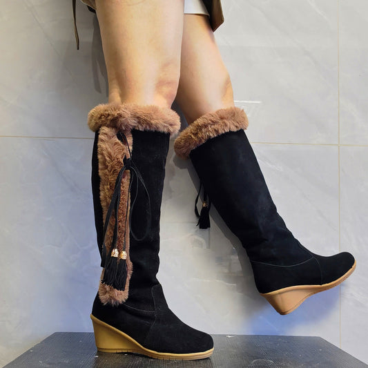 Female's Winter Plush Long Boots For Women Combat Boots Wedges Shoes