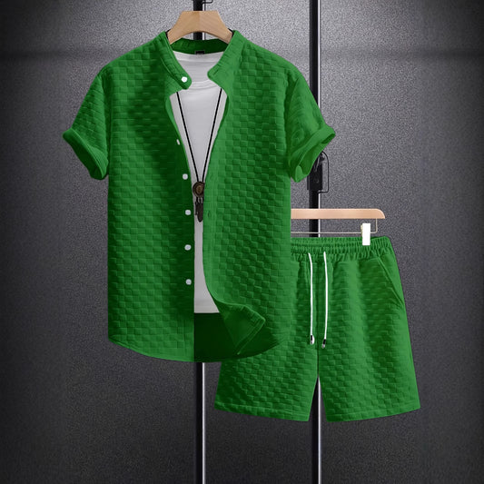 Classic Men's Jacquard Casual Short Sleeve Shirt Outfit