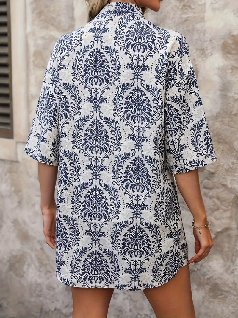 Women holiday Floral Print Elegant Two-piece Shirt Short Sleeve Top Drawstring High Waist Shorts