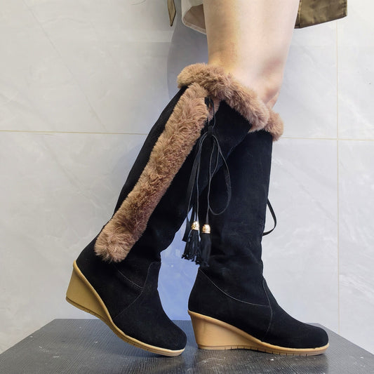 Female's Winter Plush Long Boots For Women Combat Boots Wedges Shoes