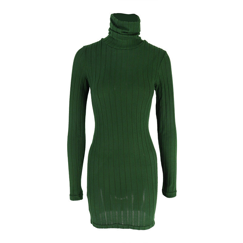 Turtleneck Slim Fit Sunken Stripe Solid Color Sheath Short Skirt Jumpsuit Knitted