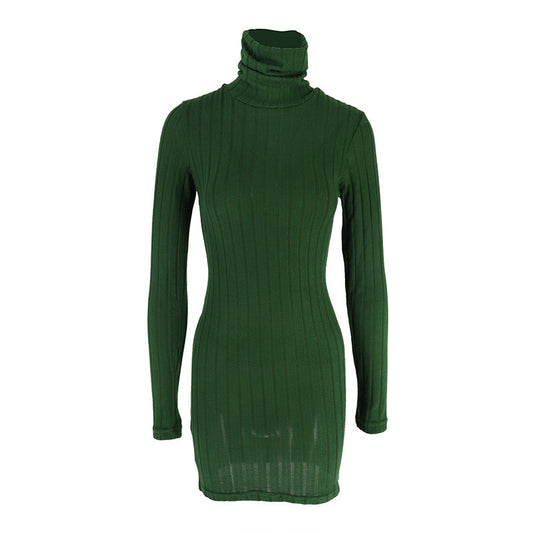 Turtleneck Slim Fit Sunken Stripe Solid Color Sheath Short Skirt Jumpsuit Knitted