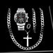 5PCS Set  Fashion Mens Calendar Watches Men Business Stainless Steel Quartz Wristwatch Male Casual Necklace Bracelet Watch