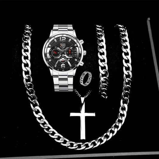 5PCS Set  Fashion Mens Calendar Watches Men Business Stainless Steel Quartz Wristwatch Male Casual Necklace Bracelet Watch