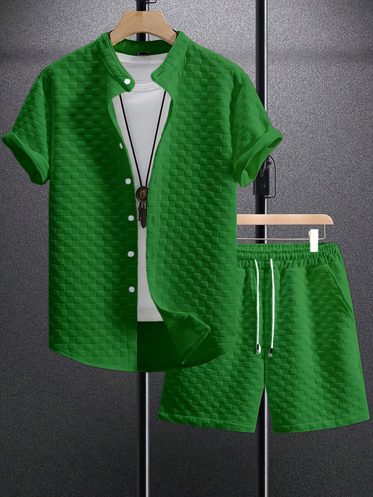 Classic Men's Jacquard Casual Short Sleeve Shirt Outfit