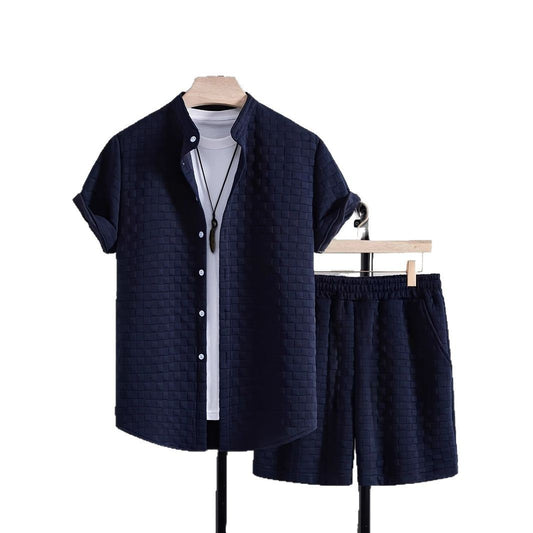 Classic Men's Jacquard Casual Short Sleeve Shirt Outfit