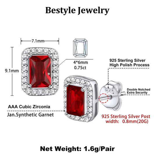Square Diamond Stud Earrings January Garnet Birthstone Earrings, Sterling Silver Earrings Birthday Jewelry Gift for Women