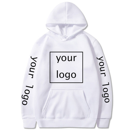 White hoodie with customizable logo areas on a white background