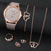No package,6Pcs/Set Women Leather Band Quartz Watch and Lover Heart Rose Gold Color Jewelry Set