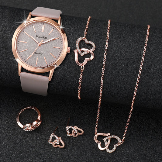 No package,6Pcs/Set Women Leather Band Quartz Watch and Lover Heart Rose Gold Color Jewelry Set